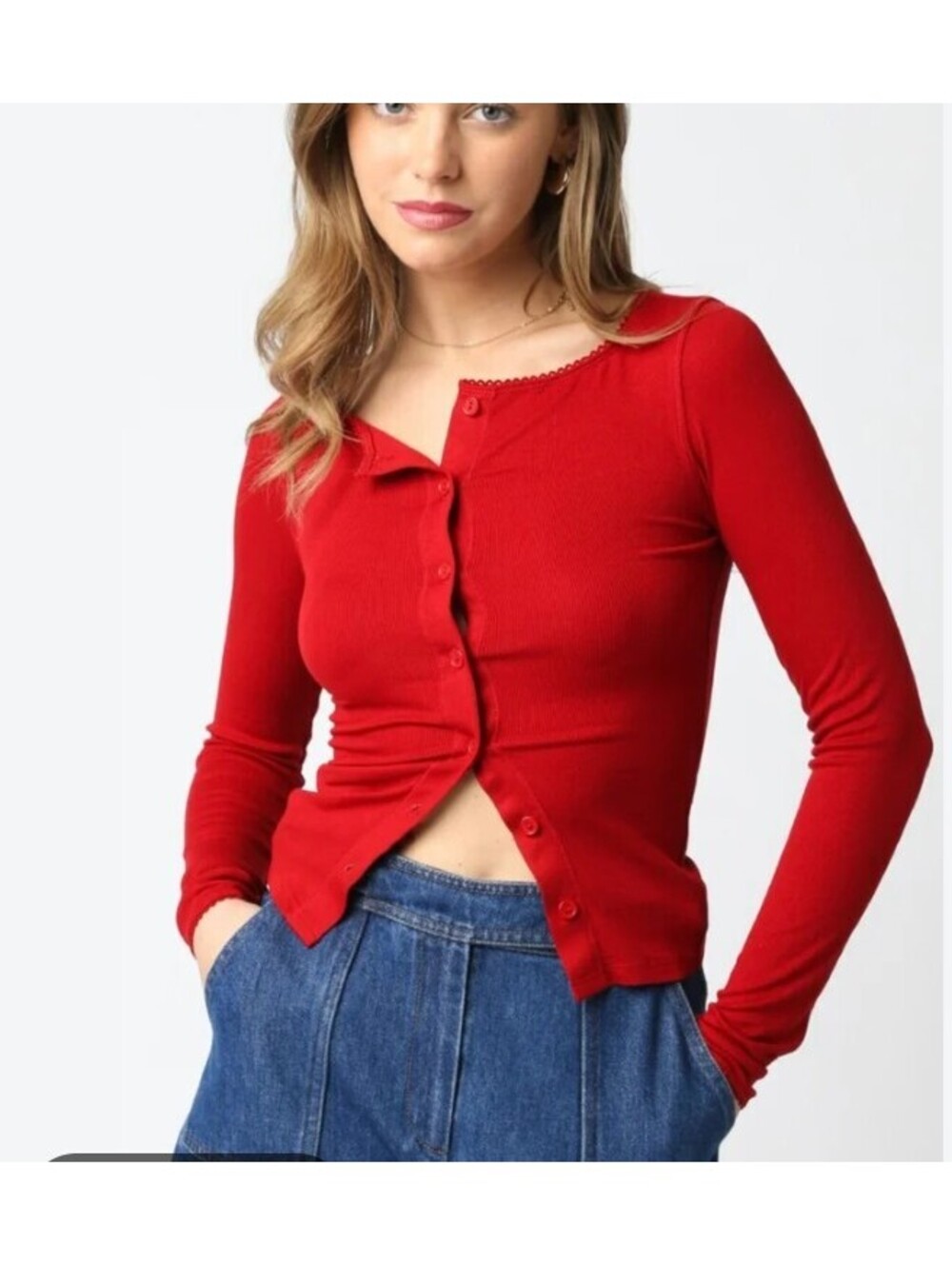 Gemma & Olivia Boutique Red Ribbed Button Up Shirt - Women's Medium